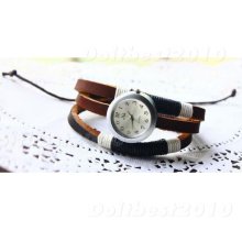 1pcs Korean Style Three Wrapped Wrist Dte Leather Bracelet Fashionable Watch