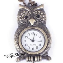 1pcs Vintage Owl Cartoon Carved Pendant Pocket Watch Necklace Sweater Chain