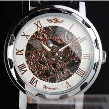 1x Fashion Skeleton Hollow Analog Leather Casu Mechanical Men Sport Wrist Watch