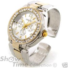 2tone 3d Geneva Designer Style Crystal Bezel Women's Bangle Cuff Watch