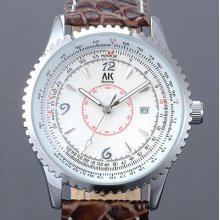 Ak-homme Brown Leather White Dial Mens Calendar Quartz Wrist Watch Ak233