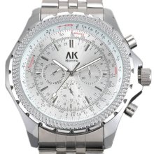 Ak-homme Pilot Military Mens Silver Automatic Mechanical Watch Day Date Display