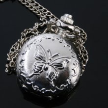 Antique Silver Butterfly Pocket Watch Necklace Chain