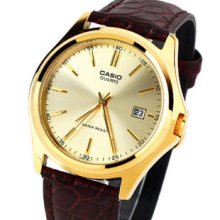 Authentic Casio Man's Brown Leather Band Gold Watch Mtp-1183q-9
