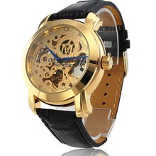 Automatic Mechanical Black Leather Wrist Band Watch with Golden Hollow Engraving Dial