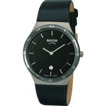 B3563-02 Boccia Mens Titanium Sapphire Crystal Black Leather Strap Wat...