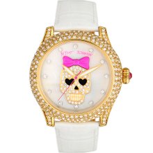 Betsey Johnson 'Bling Bling Time' Skull Dial Leather Strap Watch