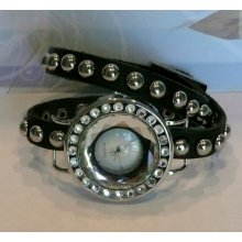 Bevelled Glass And Swarovski Crystal Silver Wrap Watch With Black Stud
