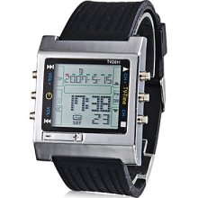 Black Men's Multi-Functional Style Silicone Digital Automatic Wrist Watch