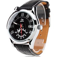 Black Men's PU Analog Automatic Mechanical Wrist Watch