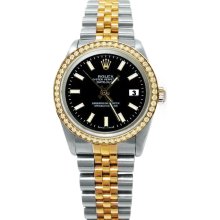 Black stick dial Rolex datejust watch diamond bezel solid gold & SS date just - Black - Metal