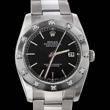 Black stick dial rolex oyster date just watch pearlmaster diamond bezel