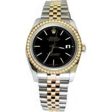 Black stick dial solid gold & steel rolex datejust watch diamond bezel jubilee