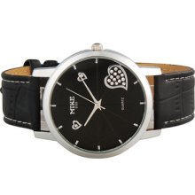Black Stylish Women's Jeweled Heart Analog Watch With Faux Leather Strap