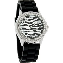 Bongo Crystal Ladies Black & White Zebra Print Rubber Band Quartz Watch BG9011