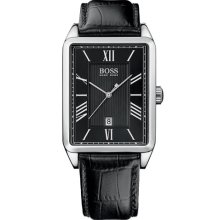 BOSS Black Rectangular Case Leather Strap Watch