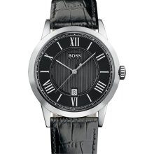 BOSS Black Round Case Leather Strap Watch Black