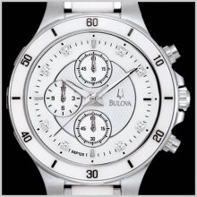 Bulova 98p125 White Ceramic Chronograph Diamond Dial Stainless Ladies Watch