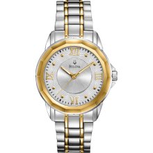 Bulova Ladies Dress Two Tone Stainless Steel Case and Bracelet Silver Dial Roman Numerals 98L166
