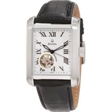 Bulova Mens BVA 160 Analog Stainless Watch - Black Leather Strap - White Dial - 96A127