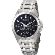 Bulova Mens Silver Tone Black Dial Bracelet Analog Watch 96c107 $299 Msrp