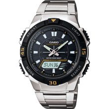 Casio Mens Calendar Day/Date Solar Power Watch w/Silvertone/Black Case/Dial and ST Band