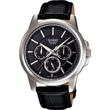 Casio Men's Core BEM307L-1AV Black Leather Quartz Watch with Black Dial