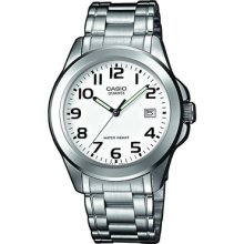 Casio Mtp-1259d-7bef Gents Watch Quartz Analogue White Dial Silver Steel Strap