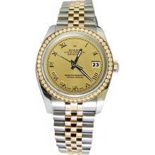 Champagne roman dial rolex datejust watch diamond bezel solid gold & SS - Gold - Metal