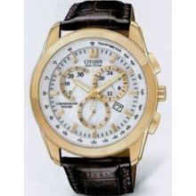 Citizen Eco Drive Men`s Rose Gold Chronograph Wr100 Watch W/ Brown Strap