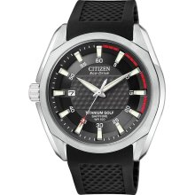 Citizen Mens Eco-Drive Golf Titanium Watch - Black Rubber Strap - Black Dial - BM7120-01E