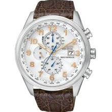 Citizen Men's LIMITED EDITION Eco-Drive Stainless Steel Case Leather Bracelet Radio Controlled Chronograph Silver Dial AT8010-23A