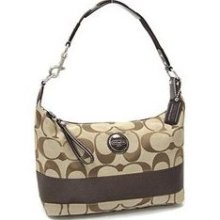 COACH SIGNATURE STRIPE HOBO SHOULDER BAG F17434 KHAKI MAHOGANY ...