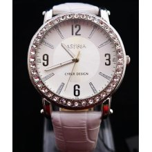 Crystal Decorated Ladies Women White Leather Wrist Watch Pw12