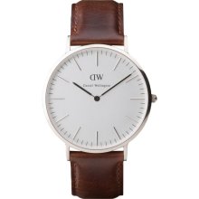 Daniel Wellington Mens Bristol Classic Analog Stainless Watch - Dark Brown Leather Strap - White Dial - 0209DW