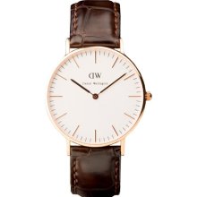 Daniel Wellington Womens York Classic Analog Stainless Watch - Dark Brown Leather Strap - White Dial - 0510DW