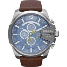 Diesel Men's Mega Chief, Blue Dial, Brown Leather Strap Chronograph DZ4281 Watch