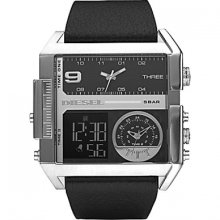 Diesel Men's Stainless Steel Case Quartz Triple Time Analog Digital Black Leather Strap DZ7208