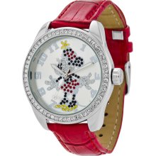 Disney by Ingersoll Womens Classic Minnie Mouse Diamante Stainless Watch - Red Leather Strap - Graphic Dial - IND25655
