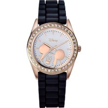 Disney Mickey Mouse Rose Goldtone Black Strap Watch