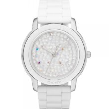 DKNY Ladies New Round Analog Watch White Plastic Bracelet Crystals NY8606 - White - Plastic