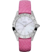 DKNY Ladies' Pearl Dial, Crystal-Set, Pink Snake-Effect Strap NY8787 Watch