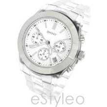 Dkny Stainless Steel Chronograph White Dial Watch Ny8162 Clear Band Nib/warranty
