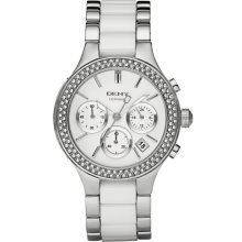 DKNY Womens Glitz Ceramic Chronograph Stainless Watch - White Bracelet - White Dial - NY8181