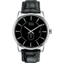 ESQ Movado 'Capital' Round Leather Strap Watch Black