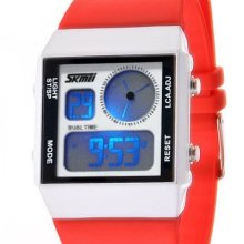 Fashion Red White Unisex Square Ceramic Analog Digital Watch Dual Time Alarm