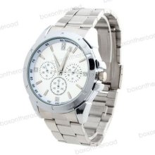 Fashion White Stainless Steel Band Dial Crystal Lady Women Men Watch