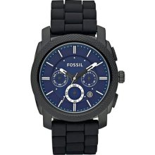 Fossil Fs4605 Machine Chronograph Authentic Men's Blue Dial Black Silicone Watch