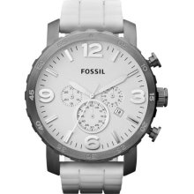 Fossil Mens Nate Chronograph Stainless Watch - White Rubber Strap - White Dial - JR1427