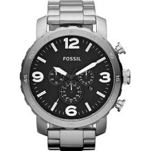 Fossil Mens Nate Chronograph Stainless Watch - Silver Bracelet - Black Dial - JR1353